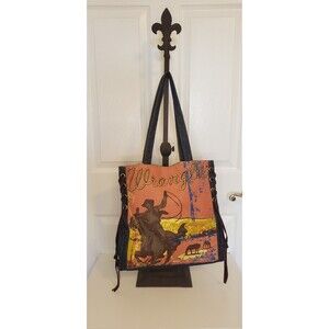 Wrangler Western Cowboy Print Denim Tote Bag with Suede Lacing
